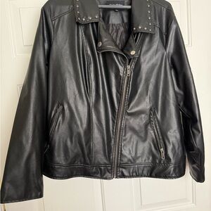 Outer Edge Black Leather Jacket with Studded Collar